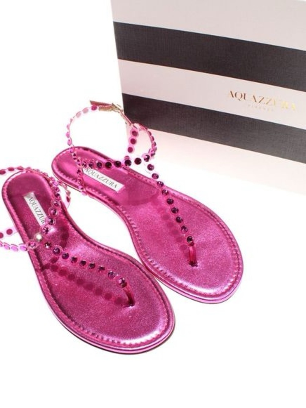 Aquazzura Tequila Metallic Hot Pink Swarovski T-Strap Flat Sandals